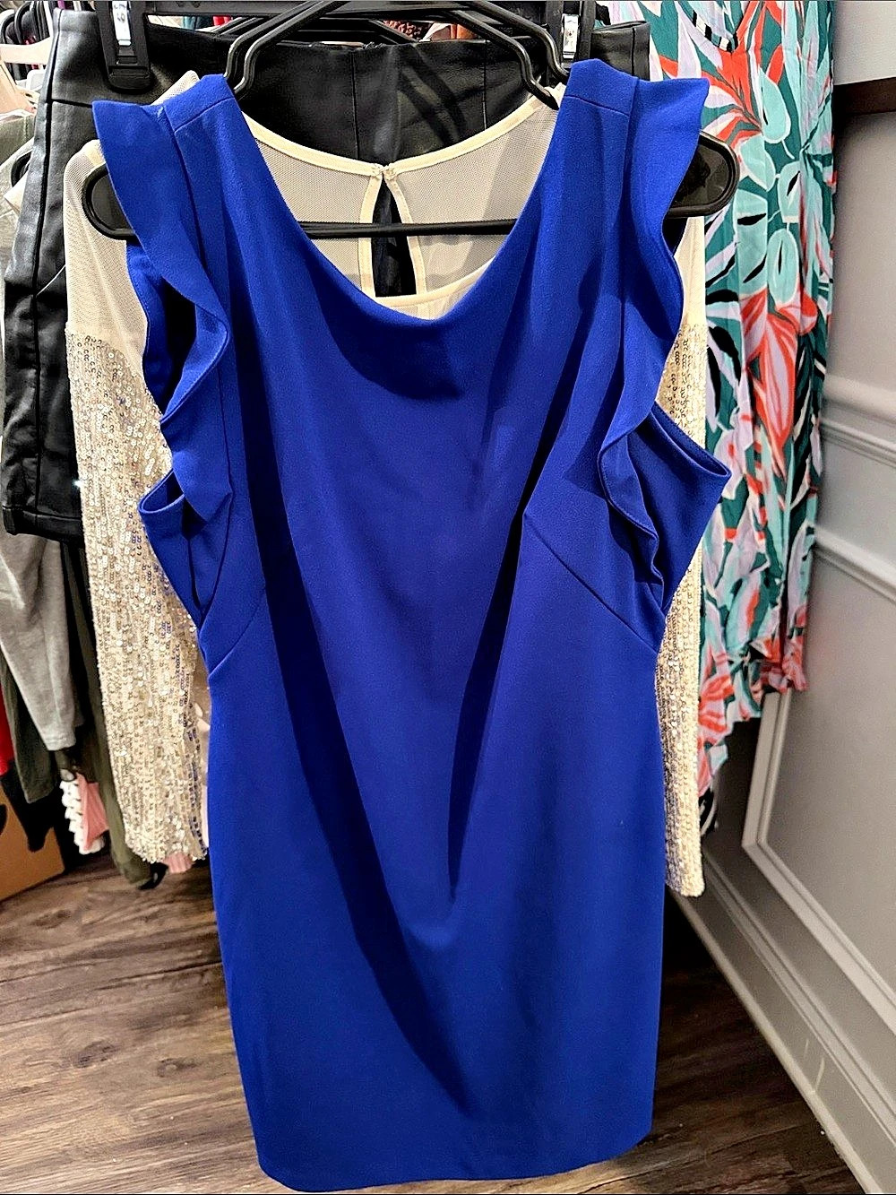 Calvin Klein Ruffle Sleeve Mini Dress in Blue Size 12 Like New